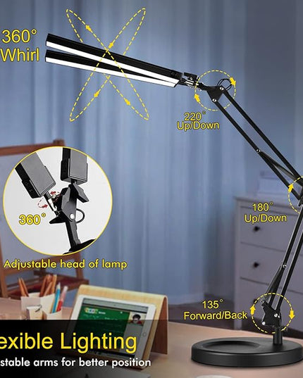 2-in-1 LED Double Head Desk Lamps for Home Office, 24W Brightest Workbench Light, Architect Lamp with Clamp & Base, 3 Colors 10 Dimming Swing Arm Lamp for Reading/Study/Computer Light - LeafyLoom