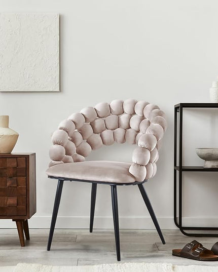 White Woven Velvet Barrel Accent Chairs with Black Metal Legs, Upholstered Armchair for Dining Room Vanity Living Room - LeafyLoom