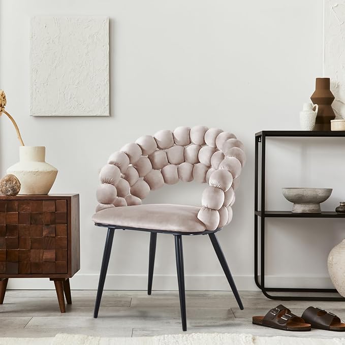 White Woven Velvet Barrel Accent Chairs with Black Metal Legs, Upholstered Armchair for Dining Room Vanity Living Room - LeafyLoom