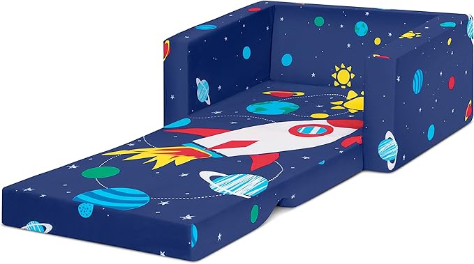 Delta Children Cozee 2-in-1 Convertible Sofa to Lounger - Comfy Flip Open Couch/Sleeper for Kids, Space - LeafyLoom