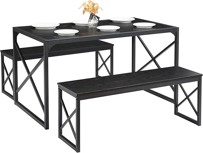 VECELO 55" Kitchen Table Set for 6, Wood Dining Room Dinette 2 Benches with Metal Frame for Breakfast Nook and Small Space, Black - LeafyLoom