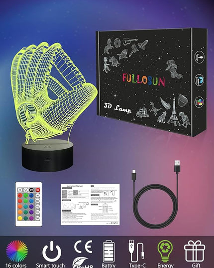 FULLOSUN Baseball Night Light, Baseball Catcher Gifts, 3D Baseball Lamp for Xmas Holiday Birthday Gifts for Kids Baseball Fan with Remote Control 16 Colors Changing + 4 Changing Mode + Dim Function … - LeafyLoom