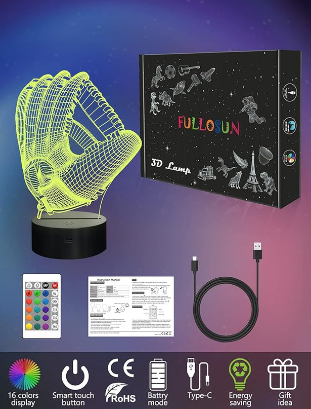 FULLOSUN Baseball Night Light, Baseball Catcher Gifts, 3D Baseball Lamp for Xmas Holiday Birthday Gifts for Kids Baseball Fan with Remote Control 16 Colors Changing + 4 Changing Mode + Dim Function … - LeafyLoom