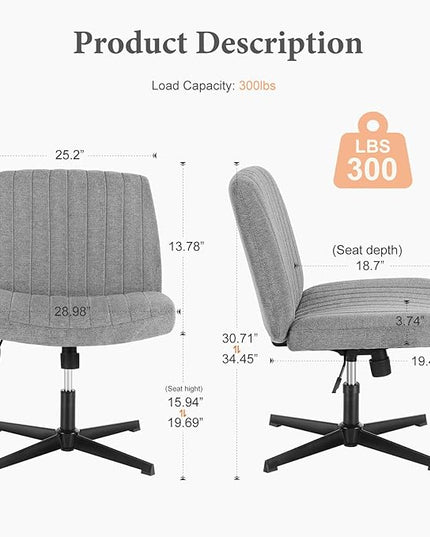 Sweetcrispy Criss Cross Chair Legged, Armless Office Desk Chair No Wheels, Swivel Vanity Chair, Height Adjustable Wide Seat Computer Task Chair, Fabric Vanity Modern Home Chair Grey - LeafyLoom