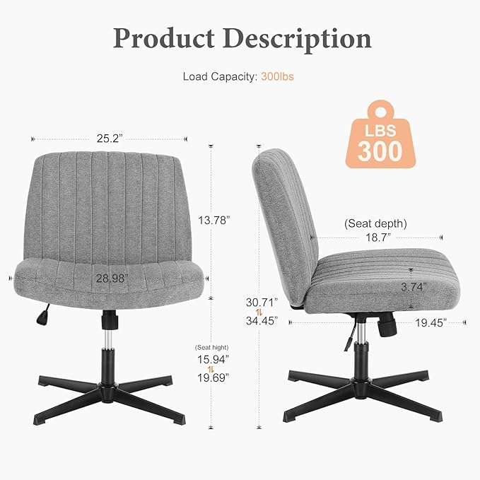 Sweetcrispy Criss Cross Chair Legged, Armless Office Desk Chair No Wheels, Swivel Vanity Chair, Height Adjustable Wide Seat Computer Task Chair, Fabric Vanity Modern Home Chair Grey - LeafyLoom