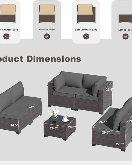 Outdoor Furniture Set 7PCS Patio Furniture for Backyard Wicker Sectional Sofa Set 6 Seats, PE Rattan Outdoor Conversation Set with Thickened Cushions and Glass Coffee Table, Grey - LeafyLoom