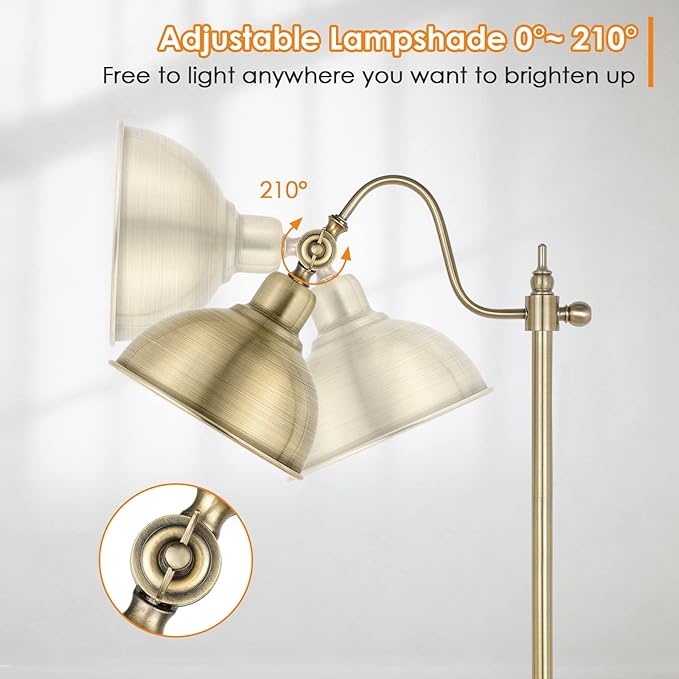 Mlambert Industrial Floor Lamp,63” LED Floor Lamp with LED Bulb,Adjustable Metal Head,Foot Switch,Tall Lamp for Livingroom,Bedroom,Corner Lamp- Brass - LeafyLoom