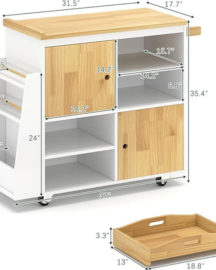 NSdirect Kitchen Island with Storage,Rolling Kitchen Island on Wheels Portable cart Rolling with Spice Racks Towel Holder Utility Trolley with Wood Tray for Home Hotel Kitchen Dinning Room,White - LeafyLoom