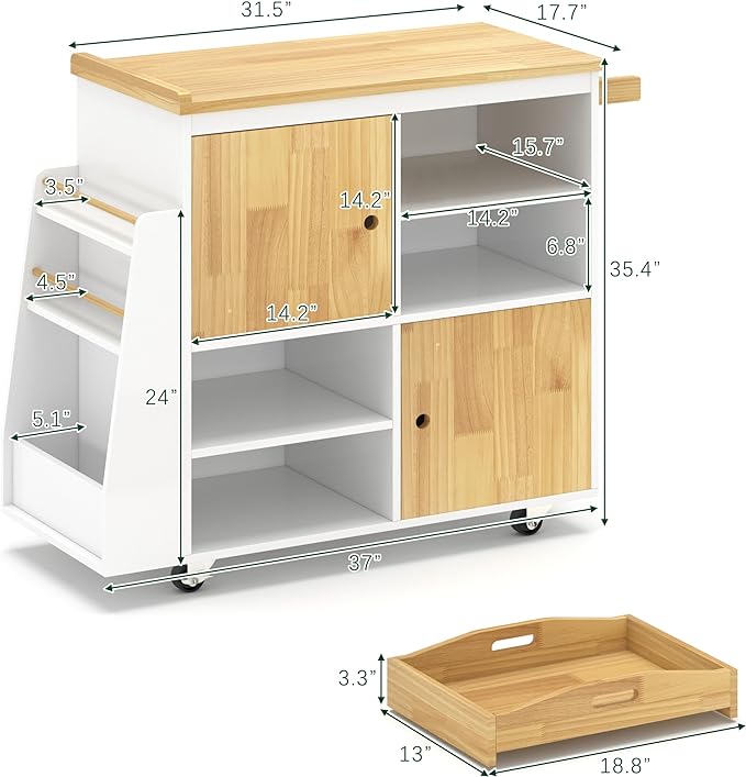 NSdirect Kitchen Island with Storage,Rolling Kitchen Island on Wheels Portable cart Rolling with Spice Racks Towel Holder Utility Trolley with Wood Tray for Home Hotel Kitchen Dinning Room,White - LeafyLoom