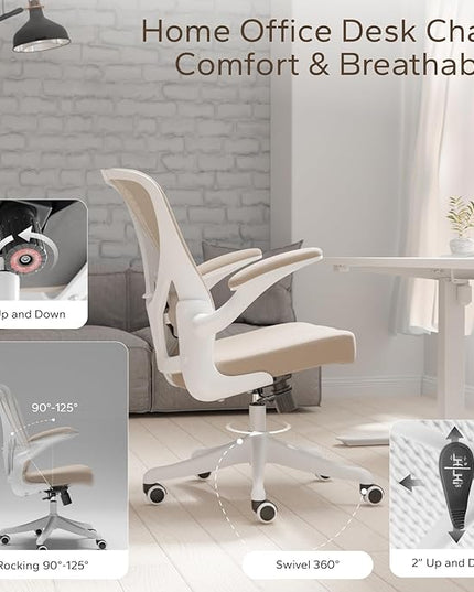 Mid Back Ergonomic Chair For Computer Home Desk with Flip-Armrest & Cushion for Lumbar Support, Thickened Cushion Desk Chairs Khaki - LeafyLoom