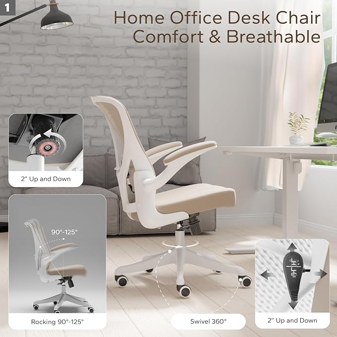 Mid Back Ergonomic Chair For Computer Home Desk with Flip-Armrest & Cushion for Lumbar Support, Thickened Cushion Desk Chairs Khaki - LeafyLoom