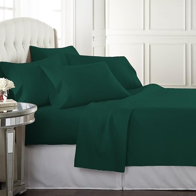 Danjor Linens Queen Sheet Set - 6 Piece Set Including 4 Pillowcases - Deep Pockets - Breathable, Soft Bed Sheets - Wrinkle Free - Machine Washable - Forest Green Sheets for Queen Size Bed - 6 pc - LeafyLoom