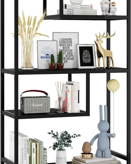 HOME BI Geometric Bookshelf, Tall Modern Etagere Bookcase, Industrial Metal Book Shelf with 5 Open Display Shelves for Office Living Room, Black - LeafyLoom