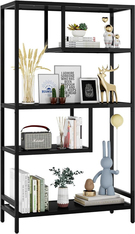 HOME BI Geometric Bookshelf, Tall Modern Etagere Bookcase, Industrial Metal Book Shelf with 5 Open Display Shelves for Office Living Room, Black - LeafyLoom