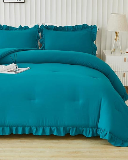 Andency California King Comforter Set Turquoise (104x96Inch), 3 Pieces Cal King Ruffle Comforter, Oversized Farmhouse Shabby Chic Bed Comforter, Lightweight and Soft Microfiber Bedding Set - LeafyLoom