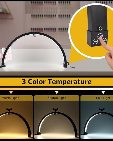 Small Nail lamp for Desk, Half Moon Light for Nail Desk with Touch Control, Portable Half Moon Nail lamp with Phone Holder (Black) - LeafyLoom