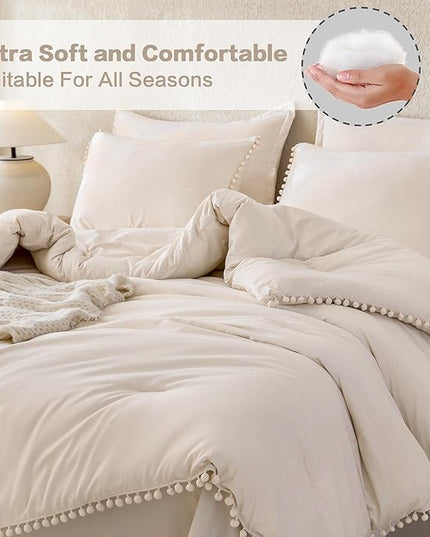 Litanika Queen Size Comforter Set Beige,3 Pieces Beige Boho Pom Pom Lightweight Bed Comforter, All Season Soft Solid Color Bedding Comforter Sets (1 Comforter 90x90 Inch, 2 Pillowcases) - LeafyLoom