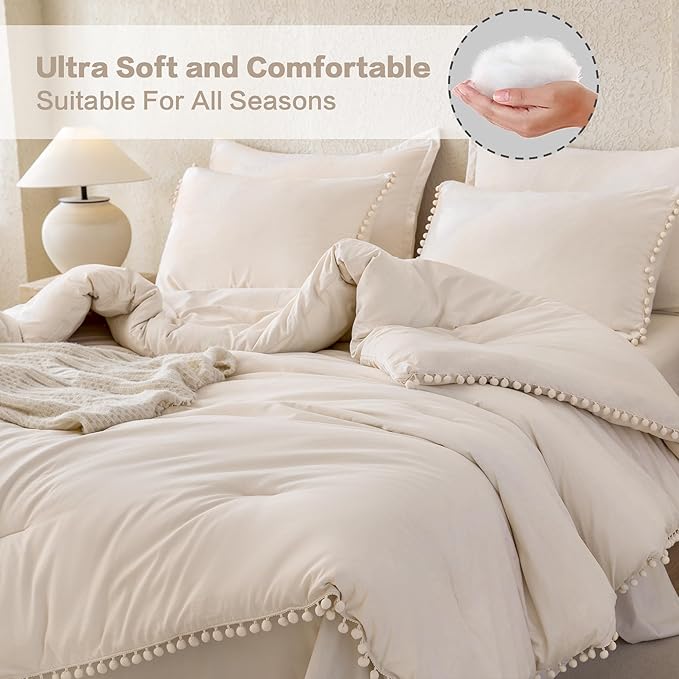 Litanika Queen Size Comforter Set Beige,3 Pieces Beige Boho Pom Pom Lightweight Bed Comforter, All Season Soft Solid Color Bedding Comforter Sets (1 Comforter 90x90 Inch, 2 Pillowcases) - LeafyLoom