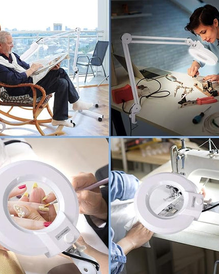 Magnifying floor lamp with 5 Wheels Rolling Base for estheticians - 1,500 Lumens LED Dimmable light with Magnifying Glass, 8-diopter Lighted magnifier for Reading, Crafts, Sewing, Close Work(5X) - LeafyLoom