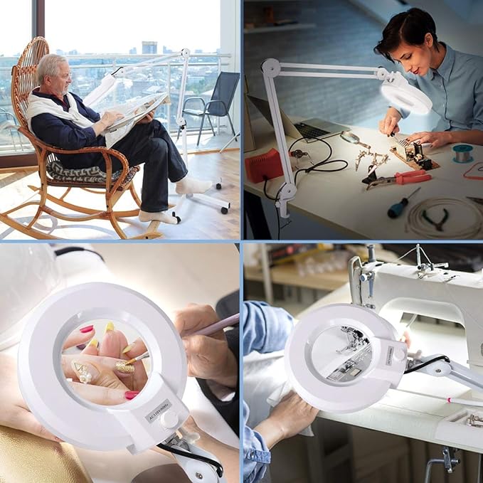Magnifying floor lamp with 5 Wheels Rolling Base for estheticians - 1,500 Lumens LED Dimmable light with Magnifying Glass, 8-diopter Lighted magnifier for Reading, Crafts, Sewing, Close Work(5X) - LeafyLoom