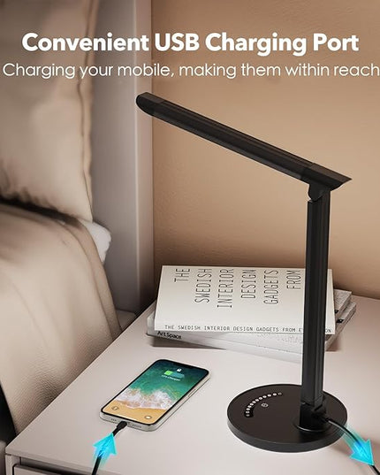LED Desk Lamp, Metal Desk Light 12W 550lm, Dimmable Touch Control Lamp with USB Charging Port, Eye-Caring Desk Light with 5 Color Modes with 7 Brightness Levels, for Home, Office, School, Black - LeafyLoom