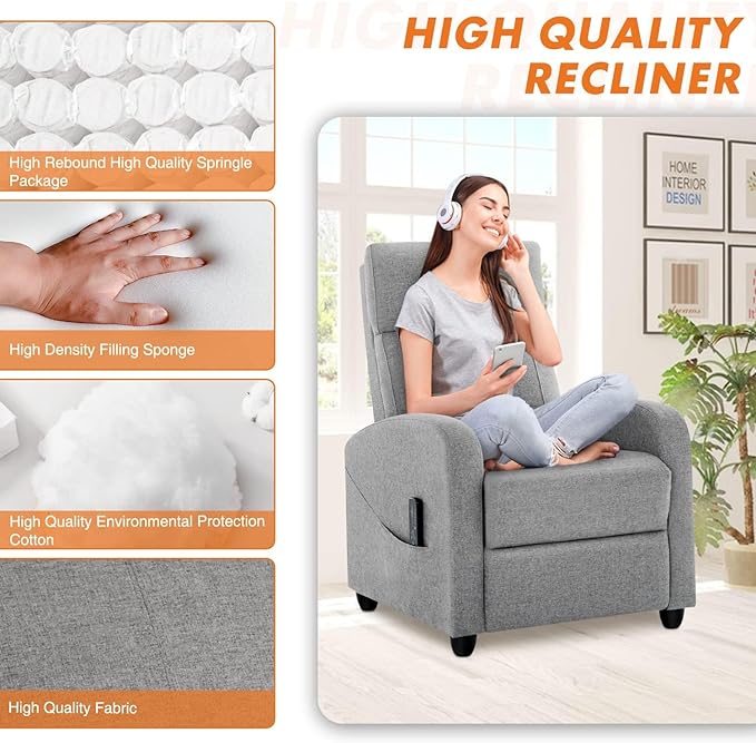 Sweetcrispy Recliner Chair for Adults, Massage Fabric Small Recliner Home Theater Seating with Lumbar Support, Adjustable Modern Reclining Chair with Padded Seat Backrest for Living Room (Deep Grey) - LeafyLoom
