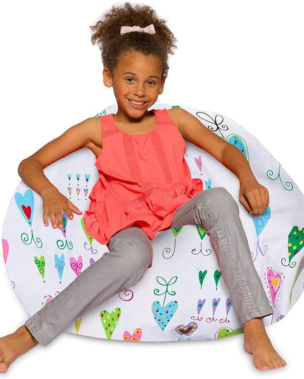 Posh Creations Bean Bag Chair for Kids, Teens, and Adults Includes Removable and Machine Washable Cover, Canvas Multi-Colored Hearts on White, 38in - Large - LeafyLoom