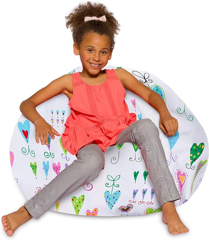 Posh Creations Bean Bag Chair for Kids, Teens, and Adults Includes Removable and Machine Washable Cover, Canvas Multi-Colored Hearts on White, 38in - Large - LeafyLoom