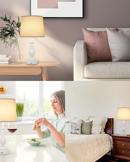 Farmhouse Table Lamp Touch Control 3-Way Dimmable Table Lamp, Modern Nightstand Lamp with 2 USB Port Bedside Desk Lamp with Fabric Shade for Living Room Bedroom Hotel (Pack-01 White) - LeafyLoom
