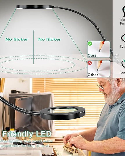 HITTI 12X Large Lens Magnifying Glass with Light, 3 Color Modes Stepless Dimmable Lighted Magnifying Lamp and Clamp, Flexible Gooseneck LED Magnifier Light Stand for Craft Hobby Painting Repairs - LeafyLoom
