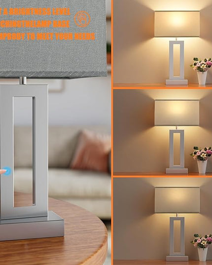 Nightstand Table Lamps for Bedrooms Set of 2 - Touch Bedside Lamp with USB C+A, 3 Way Dimmable Living Room Lamps for End Tables Set of 2, Modern Night Stand Lamps for Bed Side(Grey&Silver) - LeafyLoom