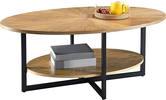 Solid Wood Oval Coffee Table with Cross Metal Legs, 43.3in Modern Industrail Center Table with Open Shelf Cocktail Tea Table for Living Room Bedroom, Rustic Nature 1811 - LeafyLoom
