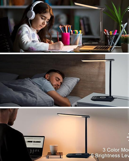 Desk Lamp with Wireless Charger, USB Charging Port, Dimmable Office Desk Light with Clock, Alarm, Date, Temperature, Foldable Lamp for Table Bedroom Bedside Office (Black Pro) - LeafyLoom