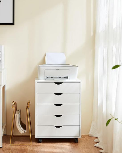 DUMOS 5 Drawer File Cabinet 5 Wood Rolling Organizer Storage Chest with Wheels Mobile Printer Stand for Home Office, White - LeafyLoom