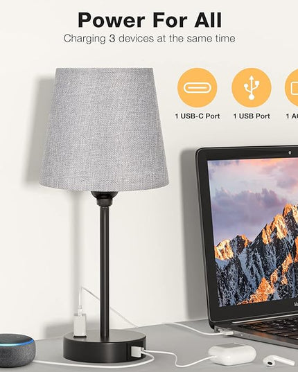 Grey Bedside Lamps for bedrooms Set of 2 - Nightstand Bedroom Lamp with USB C Port and AC Outlet Charging, 3 Way Dimmable Touch Control Small Bed Side Table Lamp, Night Stand Light for Kids/Guest Room - LeafyLoom