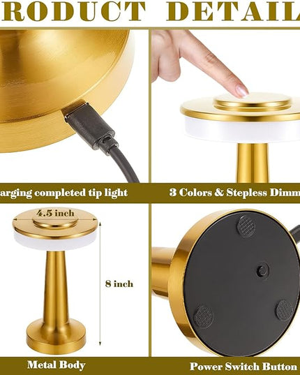 Set of 8 LED Portable Cordless Table Lamp with Touch Sensor 3 Color Stepless Dimming Rechargeable Battery up to 15 Hours Cordless Lamp Table Light Wireless Lamp for Kids Nursery Room, Gold - LeafyLoom