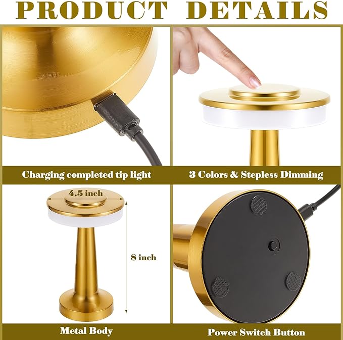 Set of 8 LED Portable Cordless Table Lamp with Touch Sensor 3 Color Stepless Dimming Rechargeable Battery up to 15 Hours Cordless Lamp Table Light Wireless Lamp for Kids Nursery Room, Gold - LeafyLoom