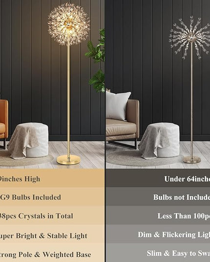 BesLowe 69'' Crystal Floor Lamp for Living Room, Modern Standing Lamp with 738PCS K9 Crystals, Tall Lamp Pole Light for Bedroom Office, Mid Century Gold Floor Lighting with 9 LED Bulbs, Antique Brass - LeafyLoom