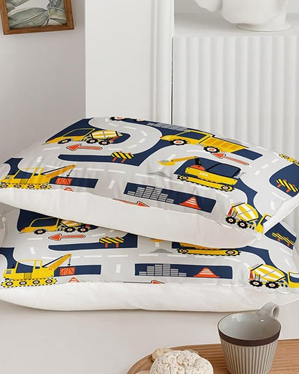 Axolotl Cartoon Excavator Bedding Set Full,Tractor Truck Bedding Set,Boys Construction Bedding Set,Yellow Vehicles Truck Comforter Construction Site Decor for Kids Boys Teens,1 Quilt 2 Pillowcases - LeafyLoom