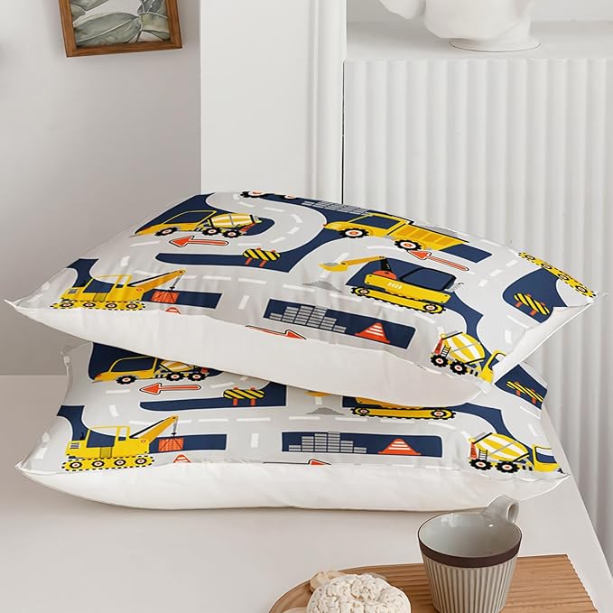 Axolotl Cartoon Excavator Bedding Set Full,Tractor Truck Bedding Set,Boys Construction Bedding Set,Yellow Vehicles Truck Comforter Construction Site Decor for Kids Boys Teens,1 Quilt 2 Pillowcases - LeafyLoom