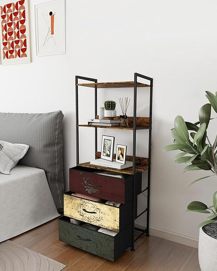 Vertical Bookshelf with 3 Drawers, Narrow Bookcase with Shelves, Wood Storage Organizer Cabinet, Metal Frame Display Standing Shelf Unit for Bedroom, Kitchen, Office - LeafyLoom