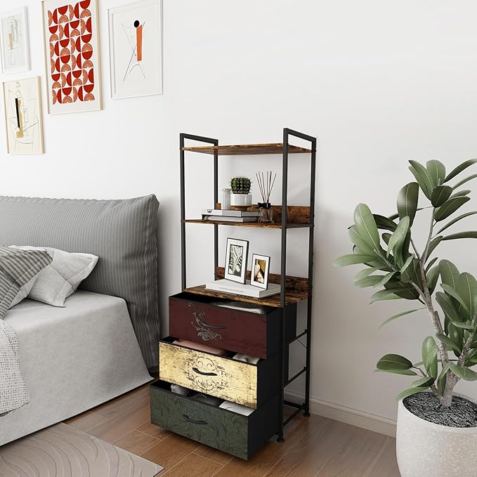Vertical Bookshelf with 3 Drawers, Narrow Bookcase with Shelves, Wood Storage Organizer Cabinet, Metal Frame Display Standing Shelf Unit for Bedroom, Kitchen, Office - LeafyLoom