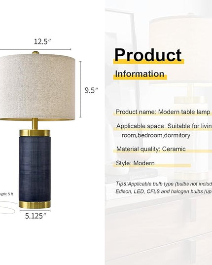 24.5" Modern Ceramic Blue Single Bedside Lamp for Bedroom Decor Farmhouse Table Lamp for Living Room Office Dorm - LeafyLoom