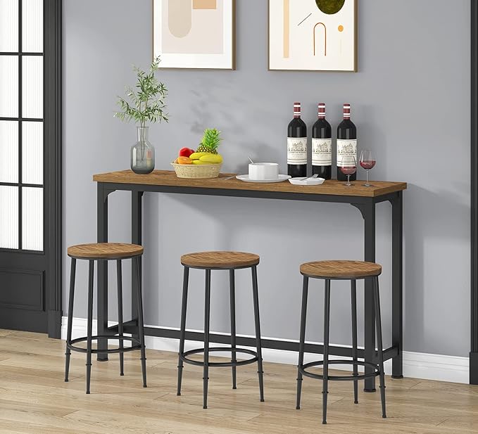 HOMYSHOPY Bar Table Set for 3, 4 Piece Console Table with 3 Stools, Counter Height Sofa Table Set with 3 Chairs for Breakfast Nook, Living Room and Apartment (Brown) - LeafyLoom