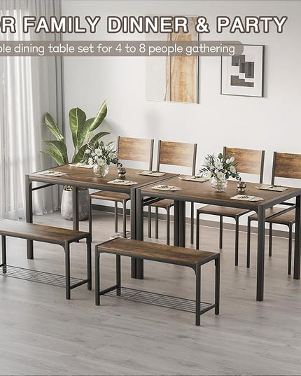 Kitchen Table and 2 Chairs for 4 with Bench, 4 Piece Dining Sets for Small Space, Rustic Brown - LeafyLoom