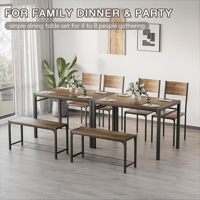 Kitchen Table and 2 Chairs for 4 with Bench, 4 Piece Dining Sets for Small Space, Rustic Brown - LeafyLoom