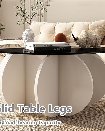 Round Coffee Table, 31.5" White Glass Coffee Tables for Living Room, Unique Circle Coffee Table with Solid Wood Base Abstract Small Center Tabl - LeafyLoom