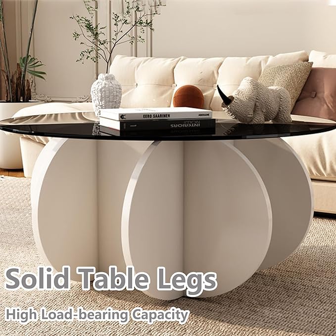 Round Coffee Table, 31.5" White Glass Coffee Tables for Living Room, Unique Circle Coffee Table with Solid Wood Base Abstract Small Center Tabl - LeafyLoom