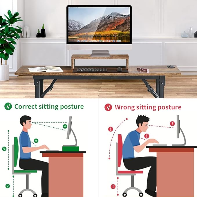 TEMI Computer Desk with Power Outlet and Monitor Shelf Included 43.3" Length Folding Table, Office Desk for Home, No Assembly Desk with Stable Black Frame, Rustic Brown - LeafyLoom