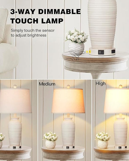 25" Farmhouse Jar Table Lamps Set of 2, 3 Way Touch Control Rustic Bedside Lamps with USB A+C Ports & AC Outlet, Pot Nightstand Lamps for Bedroom Living Room (LED Bulbs Included) - LeafyLoom